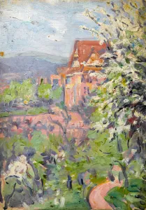 Impasto Gallery: House with Spring Blossom Tree on the Foreground (oil on panel)