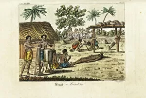 Copperplate Engraving Gallery: Human sacrifice in a sacred marae (Morai) or cemetery, Tahiti. Drummers at left