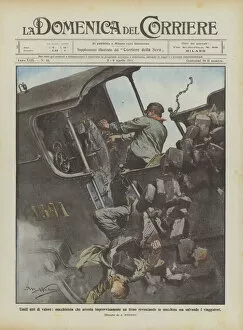 Chauffeuress Gallery: Humble acts of value, driver who suddenly stops a train by overturning the car... (colour litho)