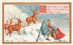 Hunter and Stags in the snow, New Year Card (chromolitho) Hunter and Stags in the snow, New Year Card (chromolitho)