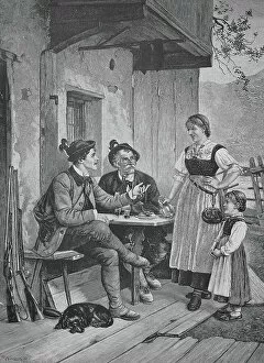 Hunters sitting in front of a farmhouse in the Alps, 1889, Bavaria, Germany