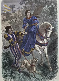 Hunting costumes in 15th century, young riding woman with her squire
