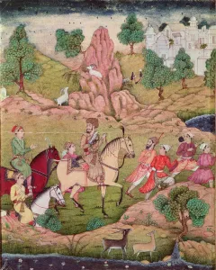 Hunting with a falcon, Safavid dynasty (1502-1736) (gouache on paper) Hunting with a falcon, Safavid dynasty (1502-1736) (gouache on paper)