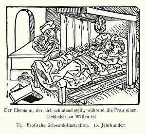7201497 Husband pretending to be asleep while his wife is in bed with her lover (woodcut) by German School, (15th century) (after); Private Collection; (add.info.: Husband pretending to be asleep while his wife is in bed with her lover. Illustration from Illustrierte Sittengeschichte von Mittelalter bis zur Gegenwart, by Eduard Fuchs (Albert Langen Verlag fur Litteratur und Kunst, Munich, c1910).); © Look and Learn Husband pretending to be asleep while his wife is in bed with her lover (woodcut)