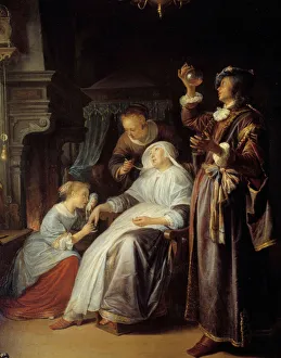 The hydropic woman. A doctor examines the urine of a woman with dropsy. Detail The hydropic woman. A doctor examines the urine of a woman with dropsy. Detail