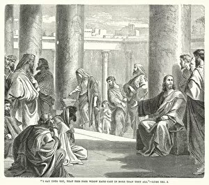 I say unto you, that this poor widow hath cast in more than they all, Luke XXI, 3 (engraving)