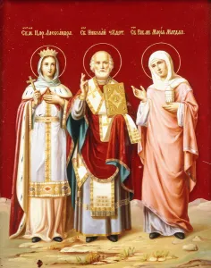 An icon painted on glass depicting Saint Nicholas, Saint Alexandra and Mary Magdalene, c An icon painted on glass depicting Saint Nicholas, Saint Alexandra and Mary Magdalene, c