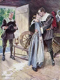 Pressing Gallery: Illustration for The Courtship of Miles Standish by Henry Wadsworth Longfellow (colour litho)