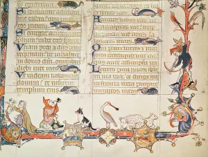 Illustration from a psalter, depicting various figures, a spoonbill, sheep, centaurs Illustration from a psalter, depicting various figures, a spoonbill, sheep, centaurs