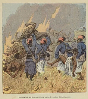 Incineration de cadavres hovas, apres le combat d'Ambolomonty (colour litho)