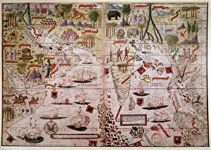 India Indian Gallery: The Indes Portuguese nautical atlas. Page of the Atlas Miller manuscript made in 1519 by Pierre and Georges Reinel