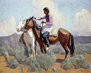 India Indian Gallery: Indian on Horseback, (oil on canvas)