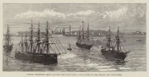 Troopships Gallery: Indian Transport Ships leaving the Suez Canal, Departure of the Bengal and Oriflamme (engraving)