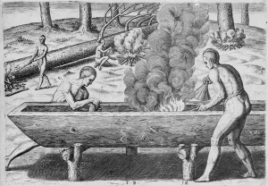 Indians Making Canoes, from Admiranda Narratio, engraved by Theodor de Bry Indians Making Canoes, from Admiranda Narratio, engraved by Theodor de Bry