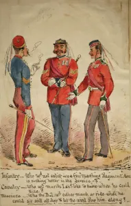War & Military Scenes: 20th Century Gallery: Infantry, Cavalry and Marines Discussion, 1869 (pen & ink with w / c on paper)