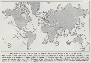 How the influenza pandemic of 1918 spread over the whole world (litho) How the influenza pandemic of 1918 spread over the whole world (litho)
