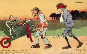 Injured cyclist and his battered bicycle after an accident (chromolitho) Injured cyclist and his battered bicycle after an accident (chromolitho)