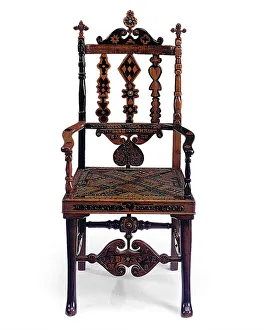 Inlaid and carved open armchair encoded with a patchwork of various phrases Inlaid and carved open armchair encoded with a patchwork of various phrases