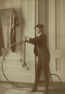 Bicyle Gallery: Inside the house with a Penny Farthing Bicycle, c.1890 (sepia photo)