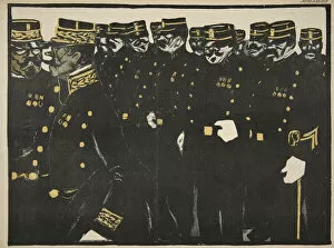 Inspection of a line of police officers, illustration from L'assiette au Beurre