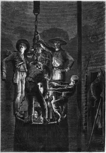 Interior appearance of a coal mine well: ascent of the dumpster. 1861 Interior appearance of a coal mine well: ascent of the dumpster. 1861