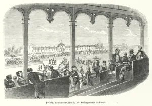 Interior facilities at Chantilly racecourse, France (engraving) Interior facilities at Chantilly racecourse, France (engraving)