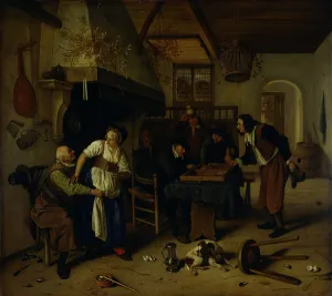 Interior of an inn with an old man amusing himself with the landlady Interior of an inn with an old man amusing himself with the landlady