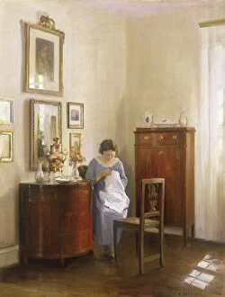 Household Chores Gallery: Interior with Lady Sewing, c.1910 (oil on canvas)