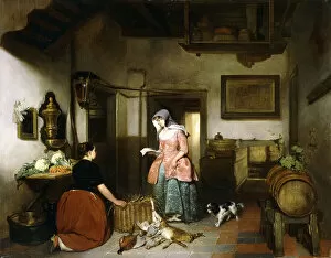 Interior of a Larder with Women cleaning Game, 1852 (oil on panel)