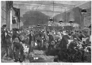 Interior of the Paris post office during the first week of January, the postmen room Interior of the Paris post office during the first week of January, the postmen room