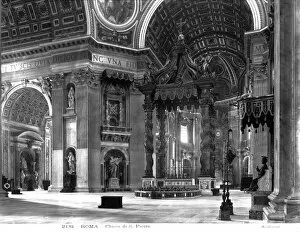 Interior view of the nave crossing, with the baldacchino in the centre (b / w photo)