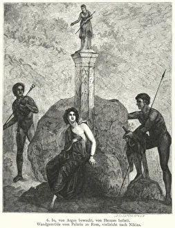 Io, guarded by Argus Panoptes by order of the goddess Hera, being watched by Hermes Io, guarded by Argus Panoptes by order of the goddess Hera, being watched by Hermes