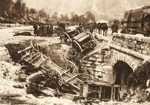 An Italian ammunition convoy on a supply route near Udine taken under German artillery An Italian ammunition convoy on a supply route near Udine taken under German artillery