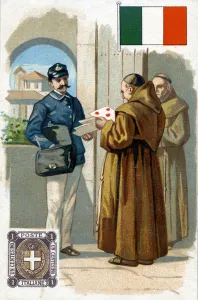 An Italian Postman delivering mail, late 19th century (colour litho) An Italian Postman delivering mail, late 19th century (colour litho)