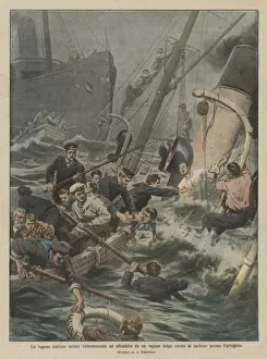 An Italian steam violently hit and sunk by a Belgian steam loaded with coal near Cartagena (colour litho)