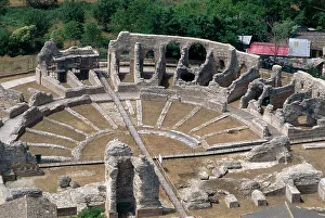 Italy, Marche Region, Province of Ascoli Piceno, Aerial view of ruins of Roman theatre at Italy, Marche Region, Province of Ascoli Piceno, Aerial view of ruins of Roman theatre at