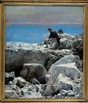 It's over, Napoleon I to Saint Helene (1769-1821) The emperor in exile is represented in a melancholic attitude alone on a rock of Sainte-Helene Island. Painting by Oscar Rex (1857-1929) 19th century Sun