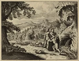 Jacob rolling the stone from the mouth of the well to water the sheep of Laban (engraving)