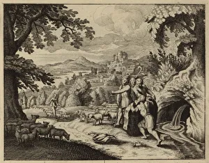 Jacob rolling the stone from the mouth of the well to water the sheep of Laban (engraving) Jacob rolling the stone from the mouth of the well to water the sheep of Laban (engraving)