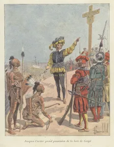 Jacques Cartier claims French possession of Gaspe Bay, Canada, 1534 (colour litho) Jacques Cartier claims French possession of Gaspe Bay, Canada, 1534 (colour litho)