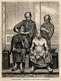 Japanese barbers in their shop, one shaving a beard, the other styling a bare-torso man Japanese barbers in their shop, one shaving a beard, the other styling a bare-torso man