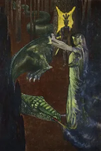 Jason watching Medea put the dragon guarding the golden fleece to sleep (colour litho) Jason watching Medea put the dragon guarding the golden fleece to sleep (colour litho)