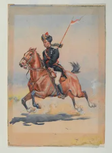 A Jat Sowar of the 6th Cavalry mounted, galloping, with slung lance, 1908 circa (w/c) A Jat Sowar of the 6th Cavalry mounted, galloping, with slung lance, 1908 circa (w/c)