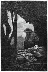 Jean Valjean watching over Cosette asleep, illustration from Les Miserables' Jean Valjean watching over Cosette asleep, illustration from Les Miserables'