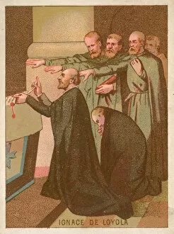 Jesuit priest Saint Ignatius of Loyola kneeling at an altar (chromolitho)