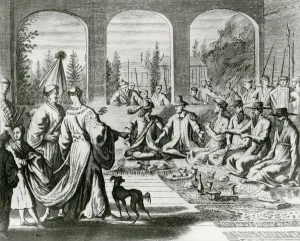 Jesuits with Dutch and Portuguese merchants at the Japanese court, c.1670 (engraving) Jesuits with Dutch and Portuguese merchants at the Japanese court, c.1670 (engraving)