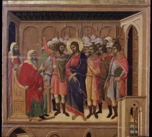 Jesus in front of Annas. Maesta altarpiece (tempera and gold on wood, 1308-1311) Jesus in front of Annas. Maesta altarpiece (tempera and gold on wood, 1308-1311)