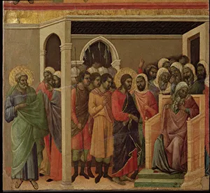 Jesus in front of Caiaphas. Maesta altarpiece (tempera and gold on wood, 1308-1311) Jesus in front of Caiaphas. Maesta altarpiece (tempera and gold on wood, 1308-1311)
