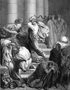 Jesus in the temple, engraving by Dore. - Bible Jesus in the temple, engraving by Dore. - Bible