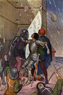 Joan of Arc: Jeanne wounded before Paris (colour litho)